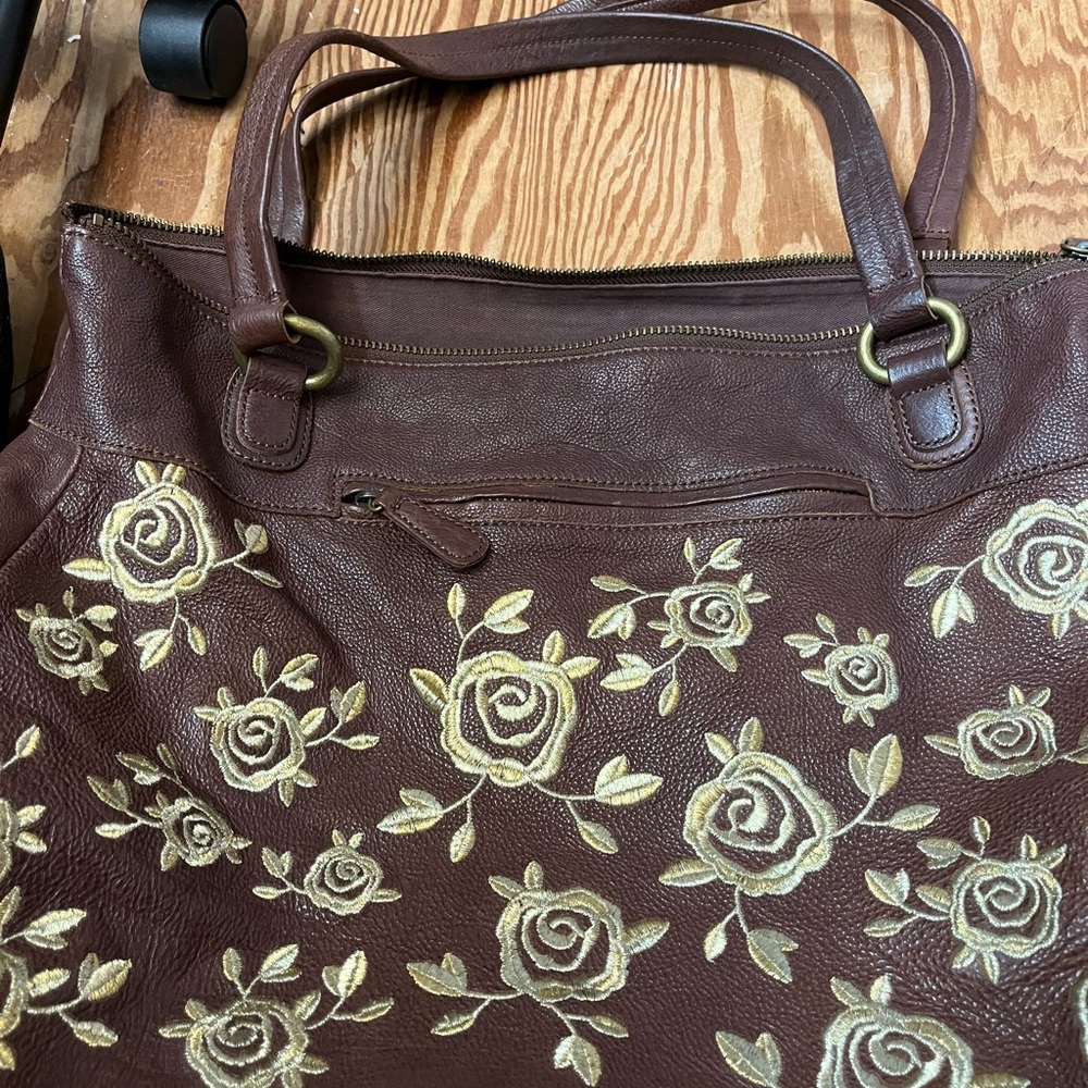 Gold embroidered brown faux leather bag - Picture 2 of 6